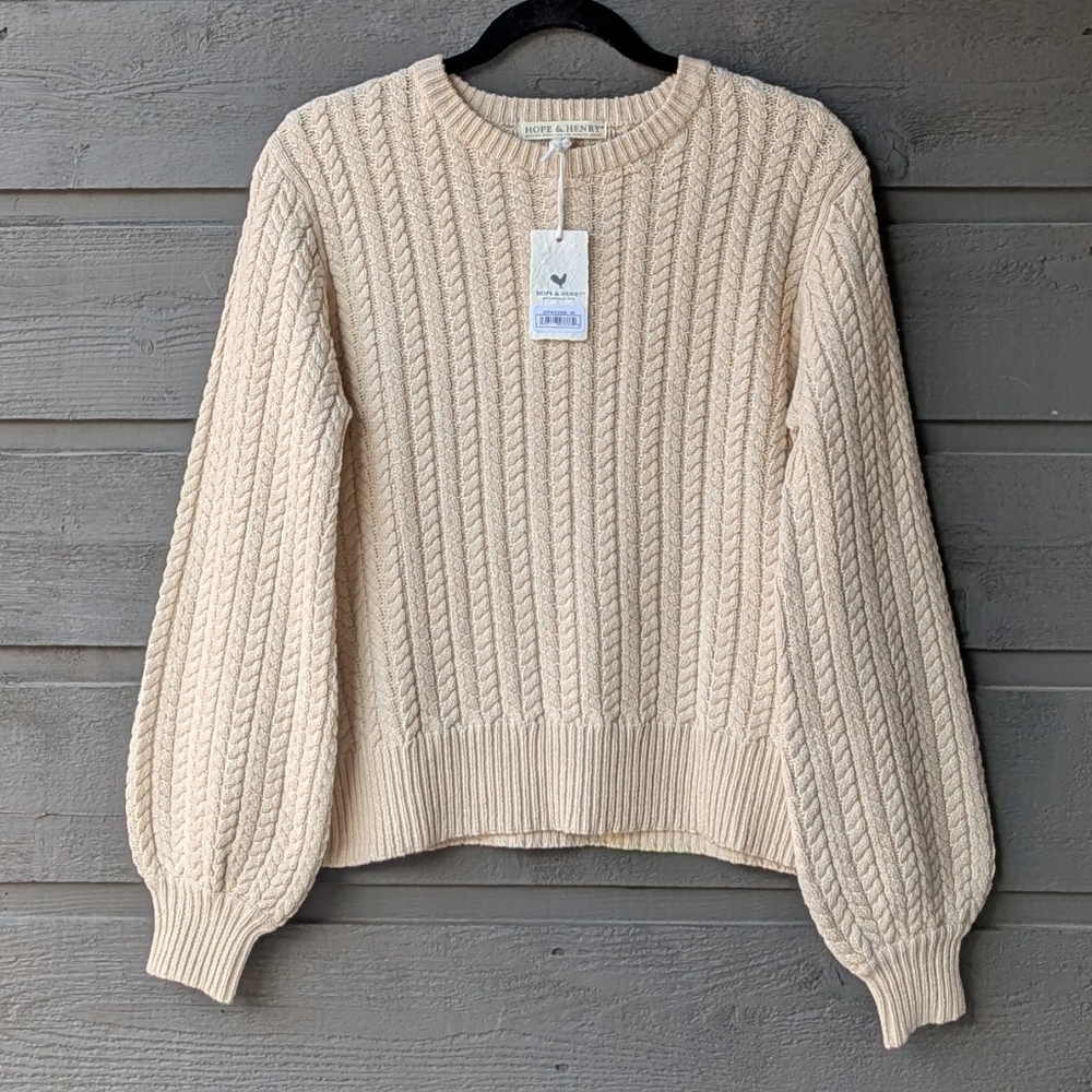 NWT Hope & Henry Cream Cable Knit Bishop Sleeve Sweater Medium Organic Cotton